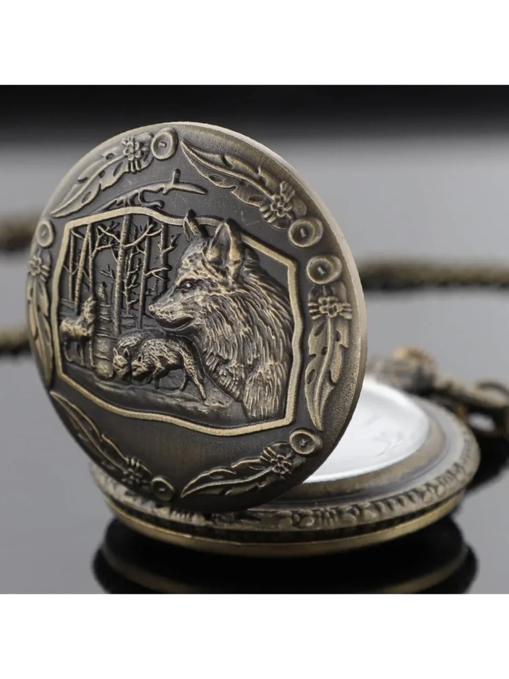 Men's Brown Analog Quartz Arabic Numerals Engraved Wolf Vintage Pocket Watch